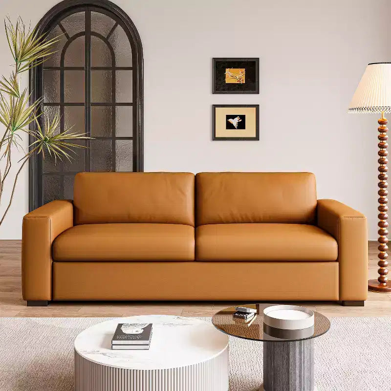 Canapé en cuir orange de 82.7'' avec accoudoirs carrés, canapé 3 places rembourré de style moderne du milieu du siècle, pour salon, bureau et petits espaces