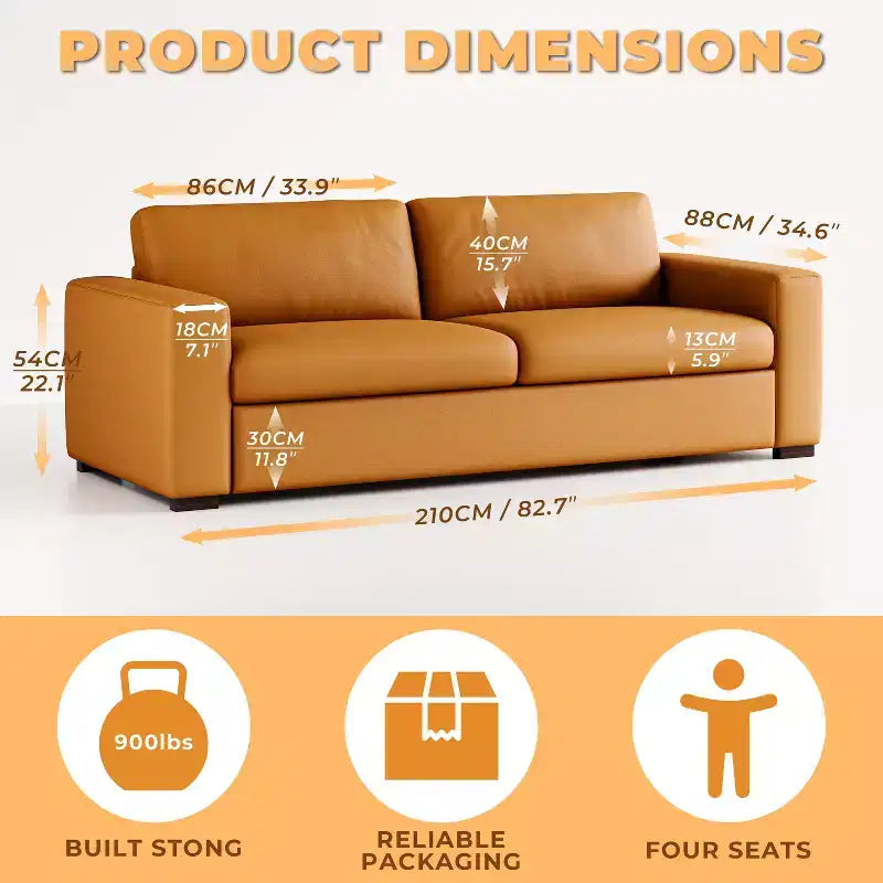 Canapé en cuir orange de 82.7'' avec accoudoirs carrés, canapé 3 places rembourré de style moderne du milieu du siècle, pour salon, bureau et petits espaces