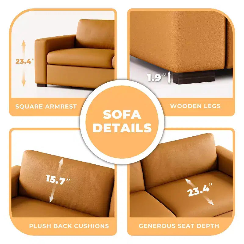 Sofá de cuero naranja de 82.7'' con brazos cuadrados, sofá tapizado moderno de mediados de siglo para 3 personas, para sala de estar, oficina y espacios pequeños