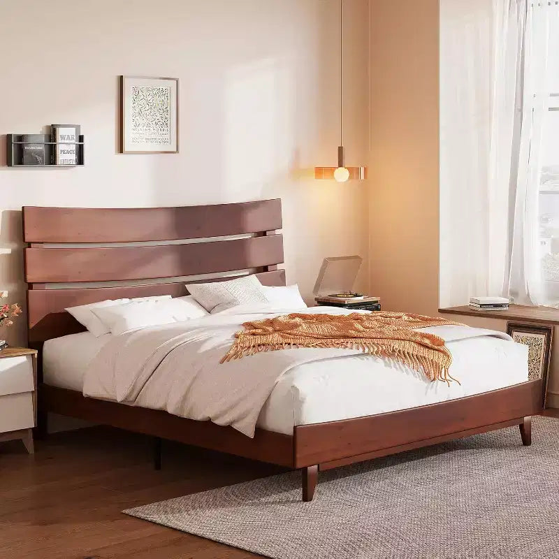 Estructura de cama de madera maciza con cabecero, no necesita somier, fácil de montar
