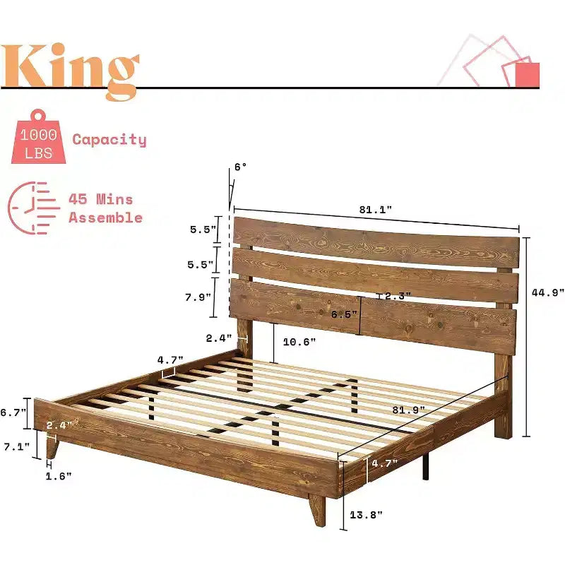 Estructura de cama de madera maciza con cabecero, no necesita somier, fácil de montar