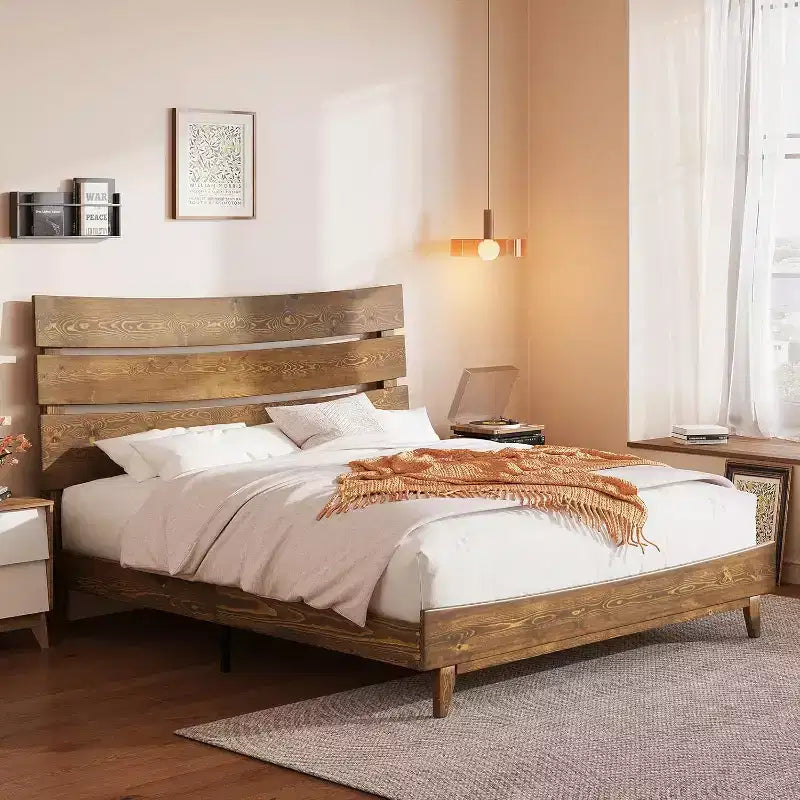 Estructura de cama de madera maciza con cabecero, no necesita somier, fácil de montar