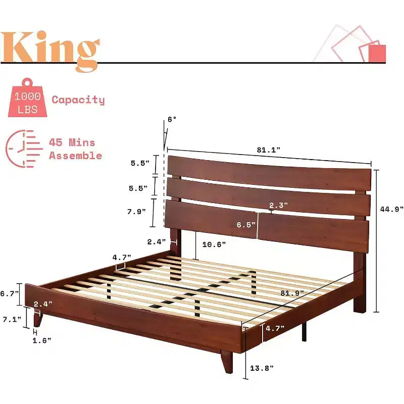 Estructura de cama de madera maciza con cabecero, no necesita somier, fácil de montar