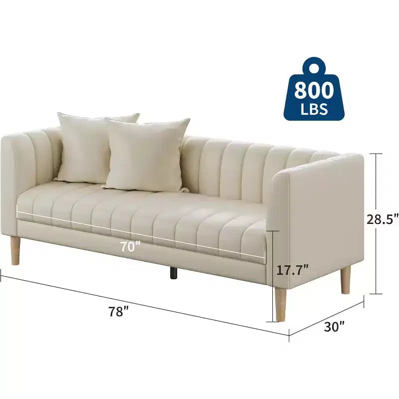 Canapé en similicuir moderne de 78 W avec assises profondes, canapé 3 places avec 2 coussins décoratifs et pieds en bois, pour le salon