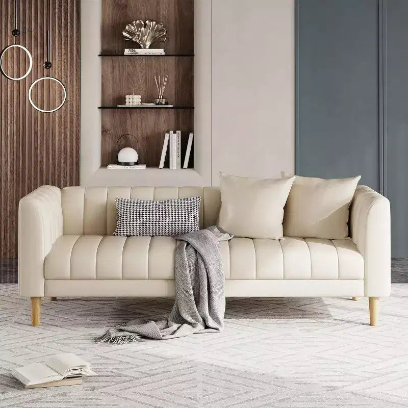 Sofa aus Kunstleder, modernes 78 W Sofa mit tiefen Sitzflächen, 3-Sitzer-Sofa mit 2 Zierkissen und Holzbeinen für das Wohnzimmer