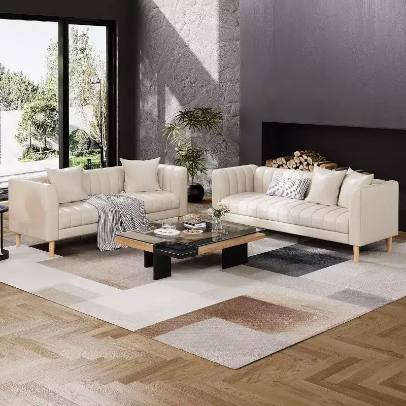 Sofa aus Kunstleder, modernes 78 W Sofa mit tiefen Sitzflächen, 3-Sitzer-Sofa mit 2 Zierkissen und Holzbeinen für das Wohnzimmer