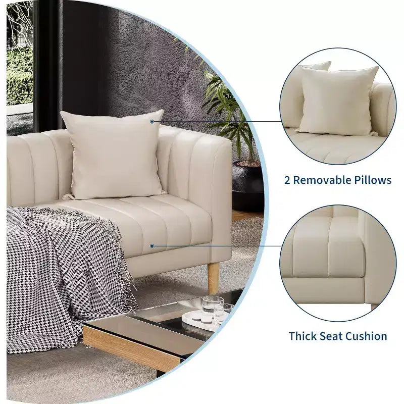 Sofa aus Kunstleder, modernes 78 W Sofa mit tiefen Sitzflächen, 3-Sitzer-Sofa mit 2 Zierkissen und Holzbeinen für das Wohnzimmer
