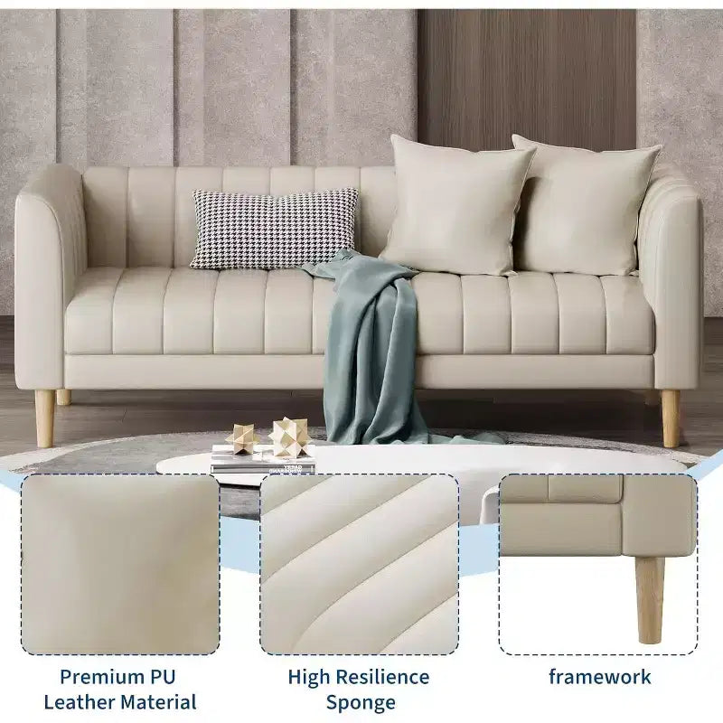 Sofa aus Kunstleder, modernes 78 W Sofa mit tiefen Sitzflächen, 3-Sitzer-Sofa mit 2 Zierkissen und Holzbeinen für das Wohnzimmer