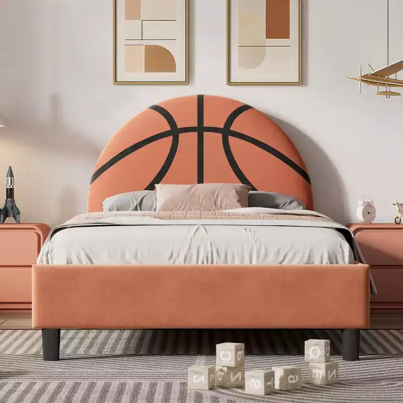 Lit plateforme simple, cadre de lit rembourré de style sportif avec motif de ballon de basketball pour garçons et filles, adolescents, orange