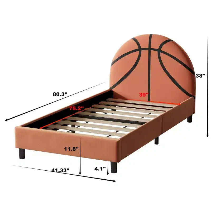 Cama de plataforma tamaño individual, armazón tapizado de estilo deportivo con diseño de baloncesto para niños y adolescentes, naranja