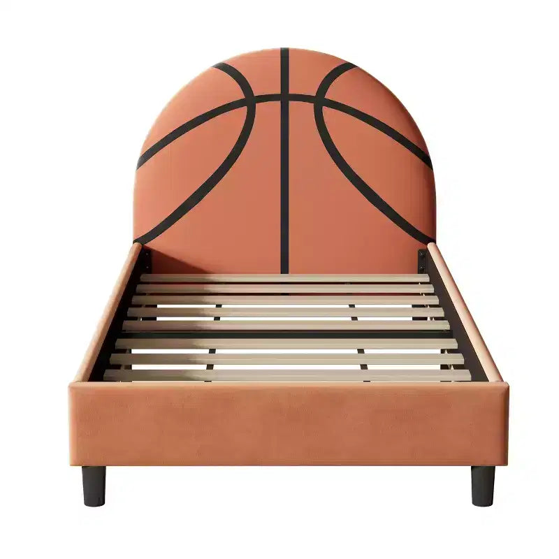 Cama de plataforma tamaño individual, armazón tapizado de estilo deportivo con diseño de baloncesto para niños y adolescentes, naranja