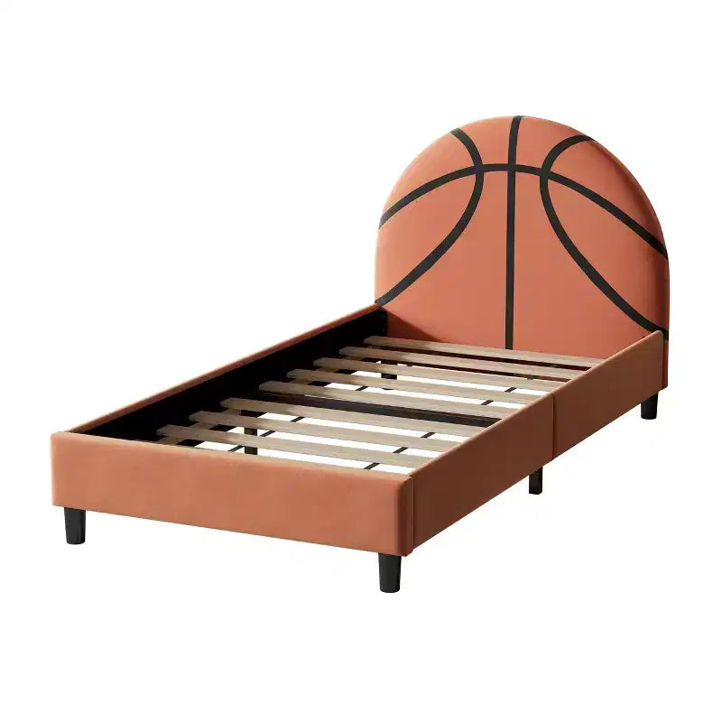 Lit plateforme simple, cadre de lit rembourré de style sportif avec motif de ballon de basketball pour garçons et filles, adolescents, orange