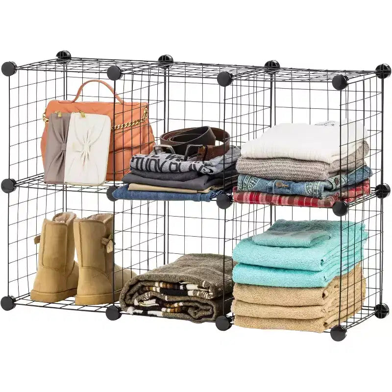 Modularer Drahtgitter-Würfelorganizer mit 6 Fächern, verstellbares und erweiterbares Metallregal, stapelbares Drahtgitter, Tragkraft 60 lb, Schwarz
