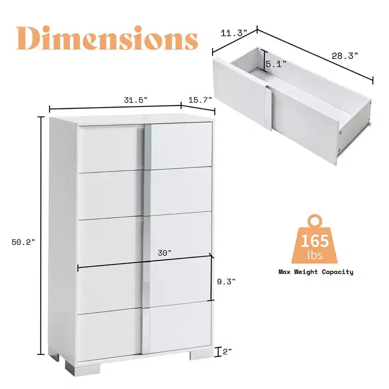 Commode à 5 tiroirs 50.2 H, surface brillante, grand meuble de rangement à tiroirs