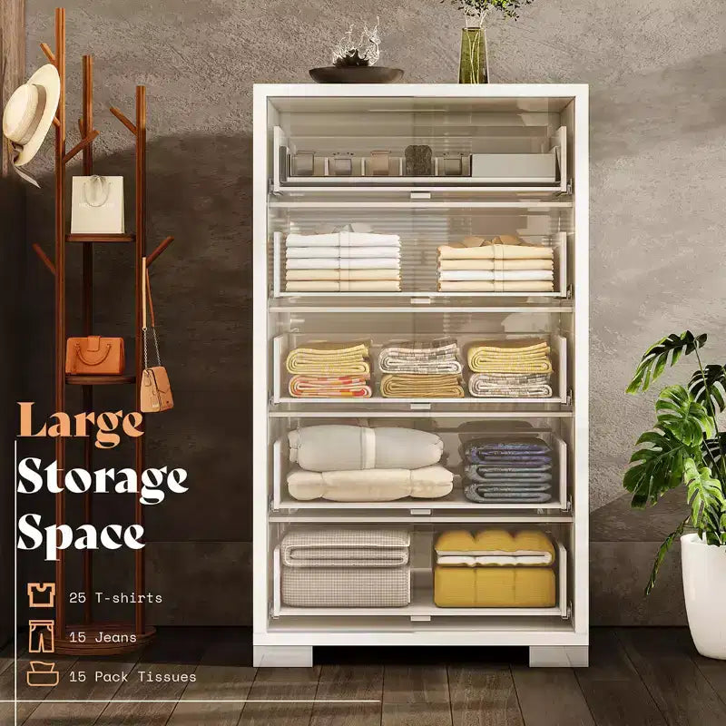 Commode à 5 tiroirs 50.2 H, surface brillante, grand meuble de rangement à tiroirs