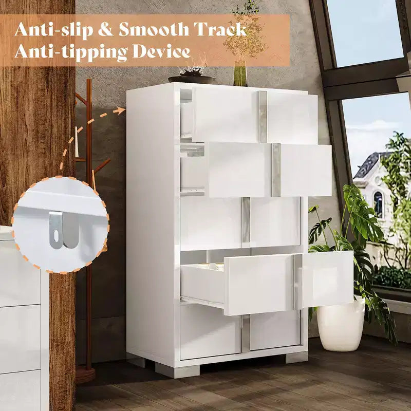Commode à 5 tiroirs 50.2 H, surface brillante, grand meuble de rangement à tiroirs