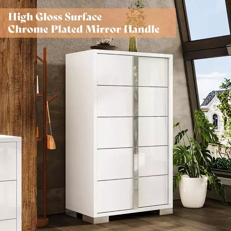 Commode à 5 tiroirs 50.2 H, surface brillante, grand meuble de rangement à tiroirs