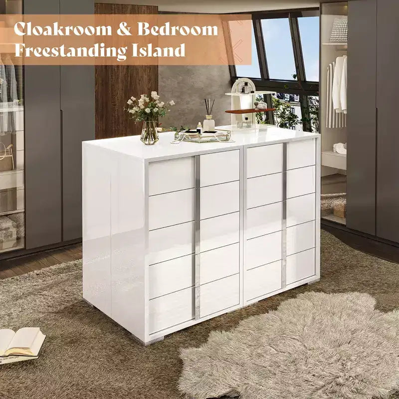 Commode à 5 tiroirs 50.2 H, surface brillante, grand meuble de rangement à tiroirs