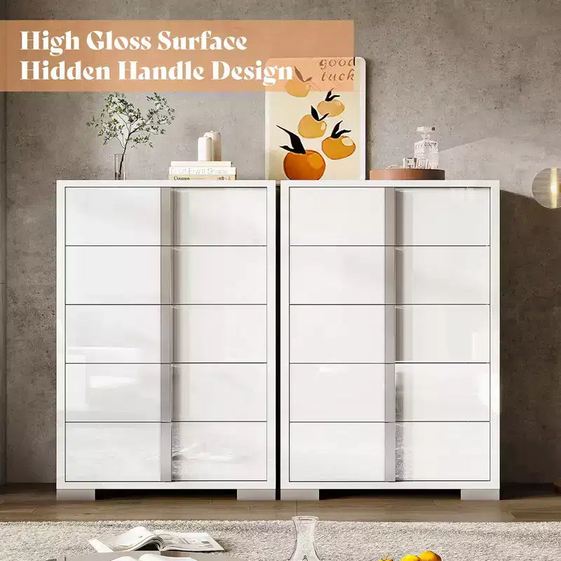 Commode à 5 tiroirs 50.2 H, surface brillante, grand meuble de rangement à tiroirs