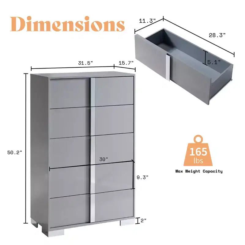 Commode à 5 tiroirs 50.2 H, surface brillante, grand meuble de rangement à tiroirs
