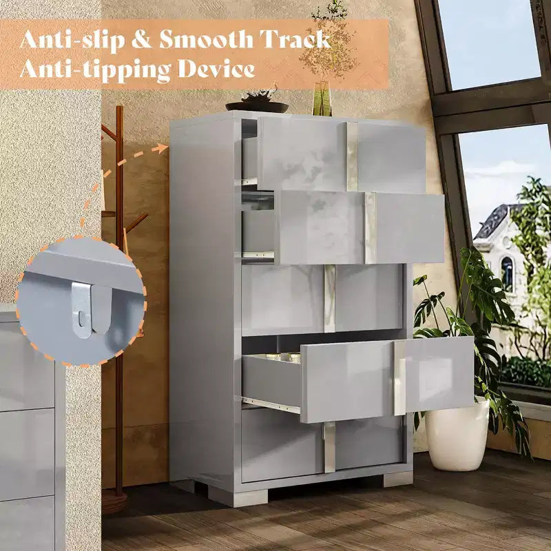 Commode à 5 tiroirs 50.2 H, surface brillante, grand meuble de rangement à tiroirs