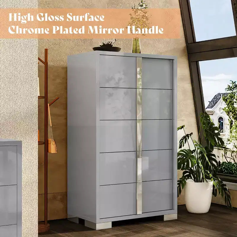 Commode à 5 tiroirs 50.2 H, surface brillante, grand meuble de rangement à tiroirs