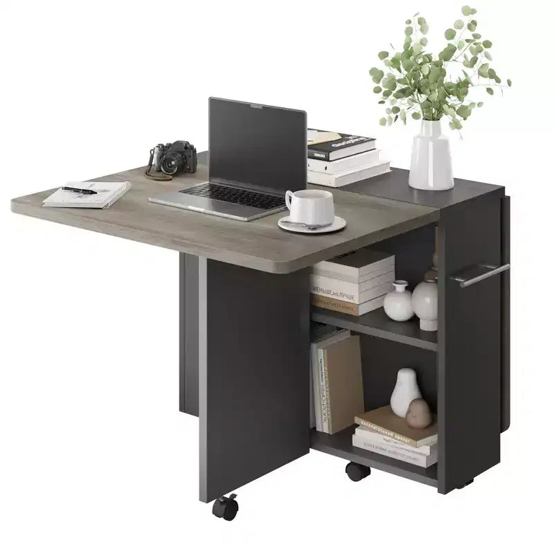 Klapptisch mit 2 Ablageebenen, ausziehbares Esszimmertisch-Set, verschiebbarer Tisch, als Esstisch, Büroschreibtisch oder Konsolentisch verwendbar