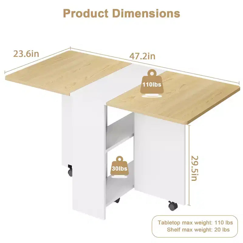 Mesa de comedor plegable con 2 niveles de almacenamiento, conjunto de mesa de comedor extensible, mesa móvil que puede utilizarse como mesa de comedor, escritorio de oficina o consola