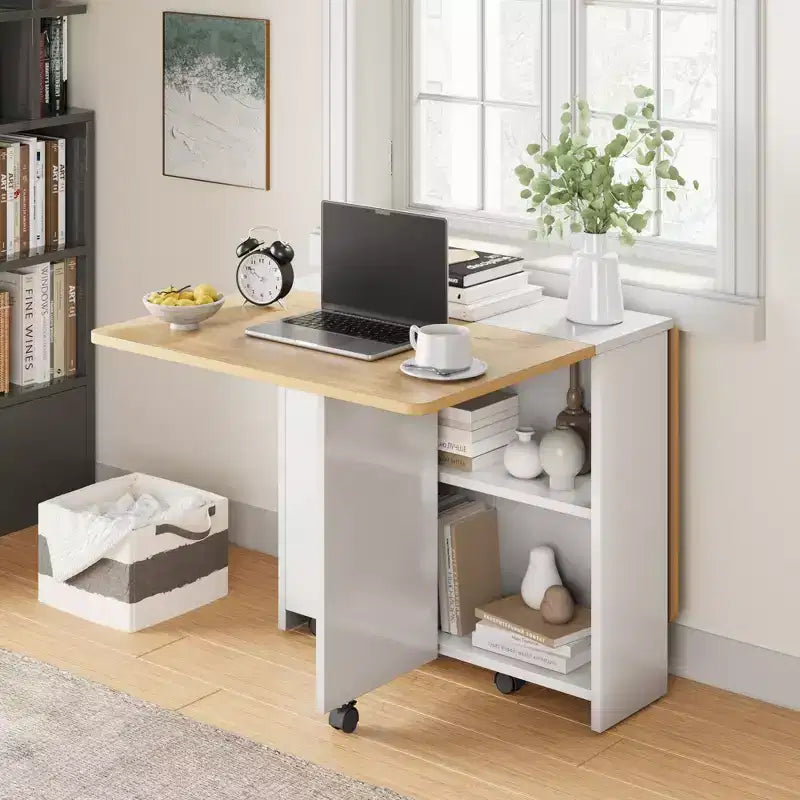 Mesa de comedor plegable con 2 niveles de almacenamiento, conjunto de mesa de comedor extensible, mesa móvil que puede utilizarse como mesa de comedor, escritorio de oficina o consola
