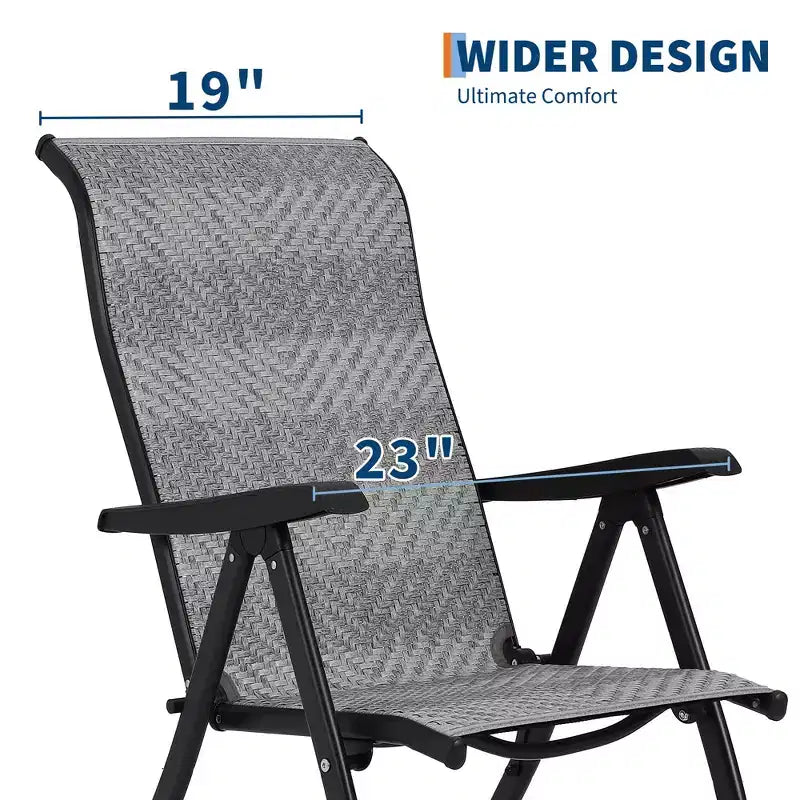 2er-Set klappbare Gartenstühle aus Rattan, tragbare Klappstühle aus Rattan mit verstellbarer hoher Rückenlehne und verbreiterten Armlehnen, Outdoor-Geflechtmöbelset