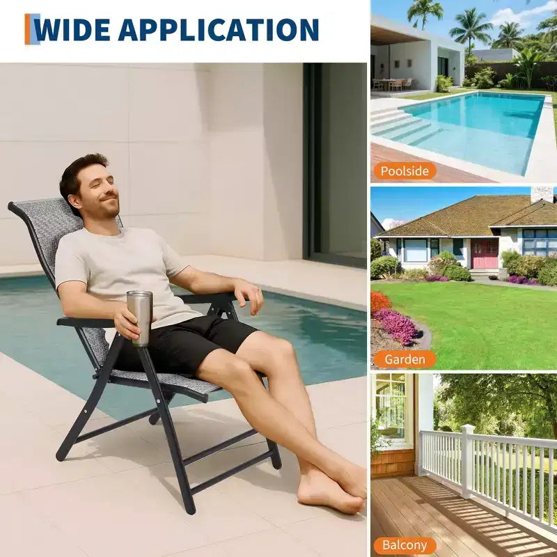 Juego de 2 sillas plegables de ratán para patio, sillas portátiles plegables de ratán con respaldo alto ajustable y reposabrazos anchos, conjunto de mimbre para exteriores
