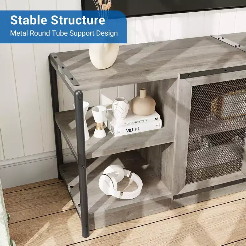 Soporte para televisor de 70 pulgadas con almacenamiento y 2 puertas de malla, soporte de madera para televisor de estilo rústico, mesa para televisor estilo granja de dos niveles para sala y dormitorio