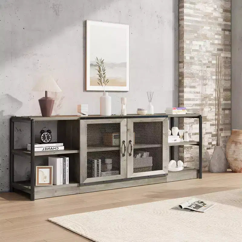 Soporte para televisor de 70 pulgadas con almacenamiento y 2 puertas de malla, soporte de madera para televisor de estilo rústico, mesa para televisor estilo granja de dos niveles para sala y dormitorio