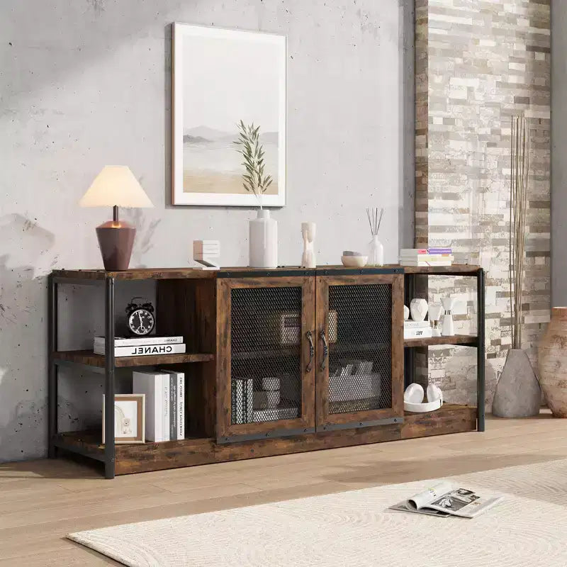 Soporte para televisor de 70 pulgadas con almacenamiento y 2 puertas de malla, soporte de madera para televisor de estilo rústico, mesa para televisor estilo granja de dos niveles para sala y dormitorio