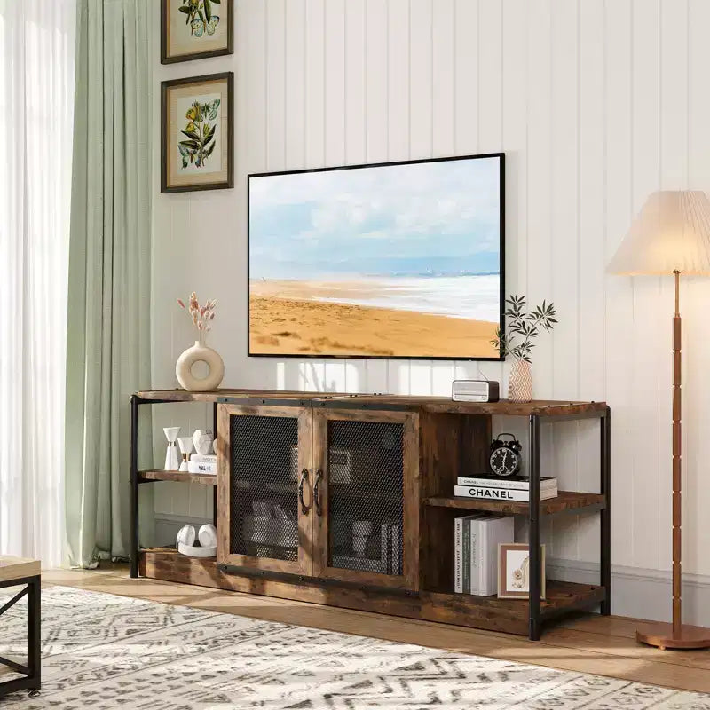 Soporte para televisor de 70 pulgadas con almacenamiento y 2 puertas de malla, soporte de madera para televisor de estilo rústico, mesa para televisor estilo granja de dos niveles para sala y dormitorio