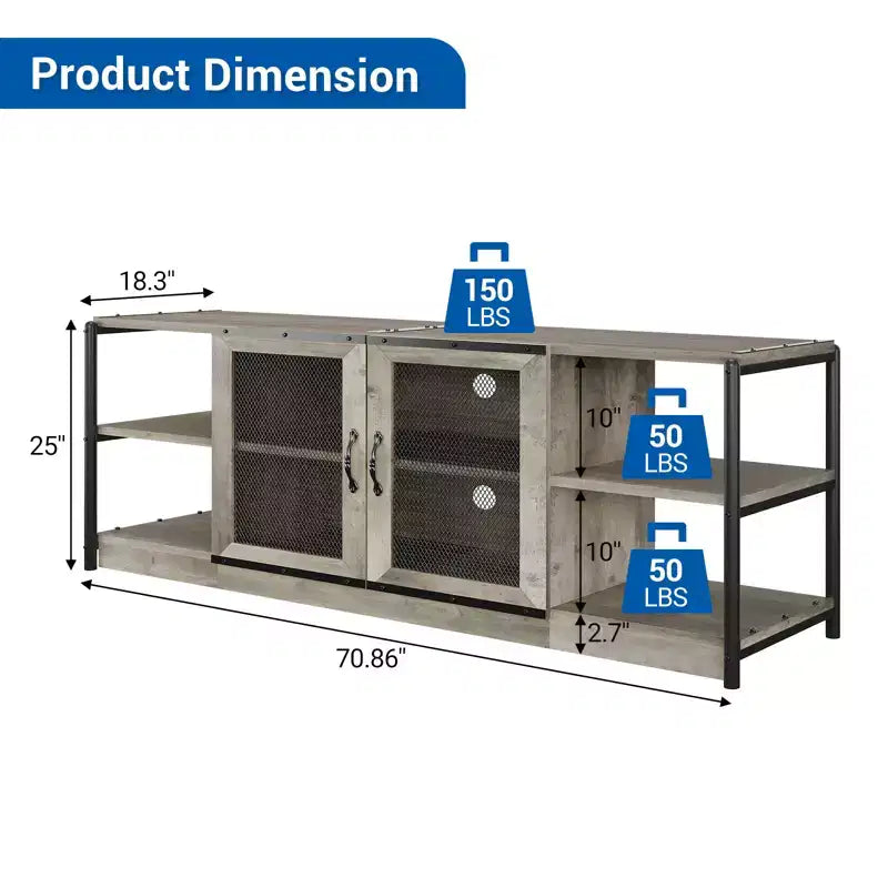 Soporte para televisor de 70 pulgadas con almacenamiento y 2 puertas de malla, soporte de madera para televisor de estilo rústico, mesa para televisor estilo granja de dos niveles para sala y dormitorio