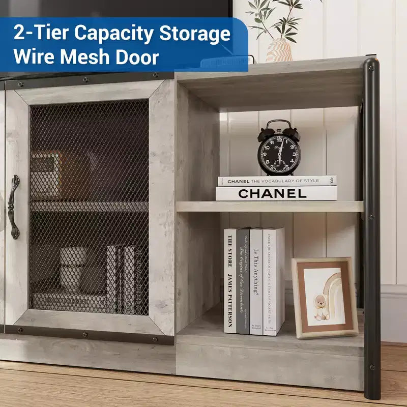 Soporte para televisor de 70 pulgadas con almacenamiento y 2 puertas de malla, soporte de madera para televisor de estilo rústico, mesa para televisor estilo granja de dos niveles para sala y dormitorio