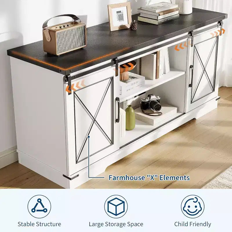 TV-Ständer im Landhausstil für Fernseher bis 65 Zoll, Entertainment-Center mit Schiebetüren im Scheunentor-Stil, verstellbarem Regal und Stauschrank für Wohnzimmer oder Schlafzimmer