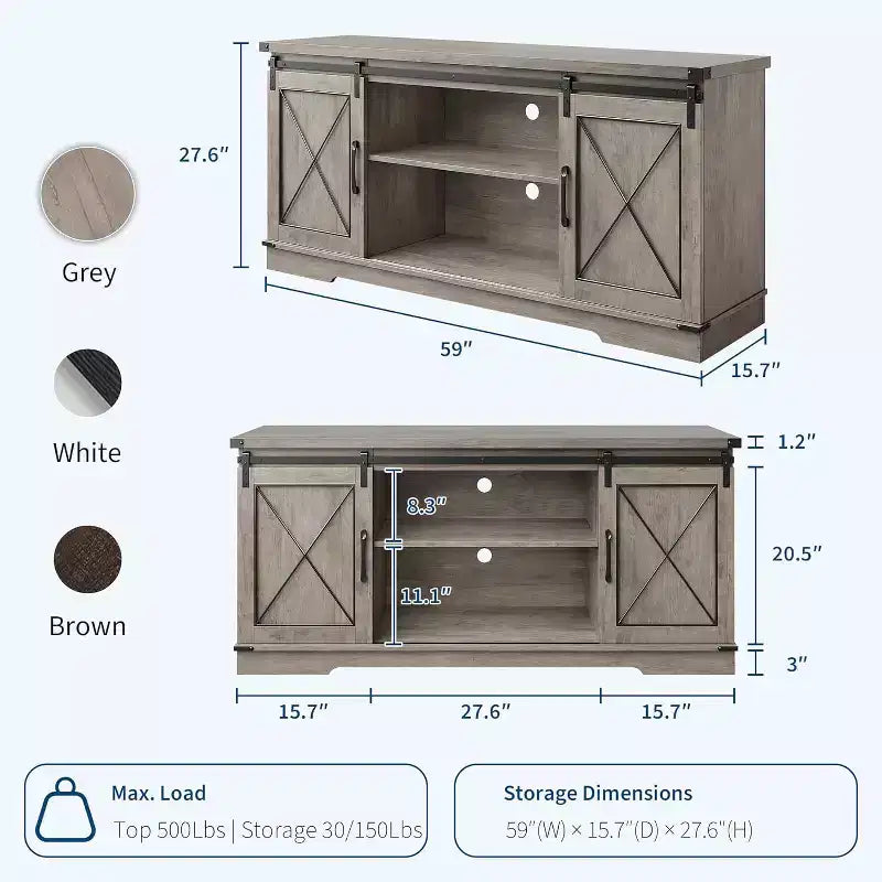 TV-Ständer im Landhausstil für Fernseher bis 65 Zoll, Entertainment-Center mit Schiebetüren im Scheunentor-Stil, verstellbarem Regal und Stauschrank für Wohnzimmer oder Schlafzimmer