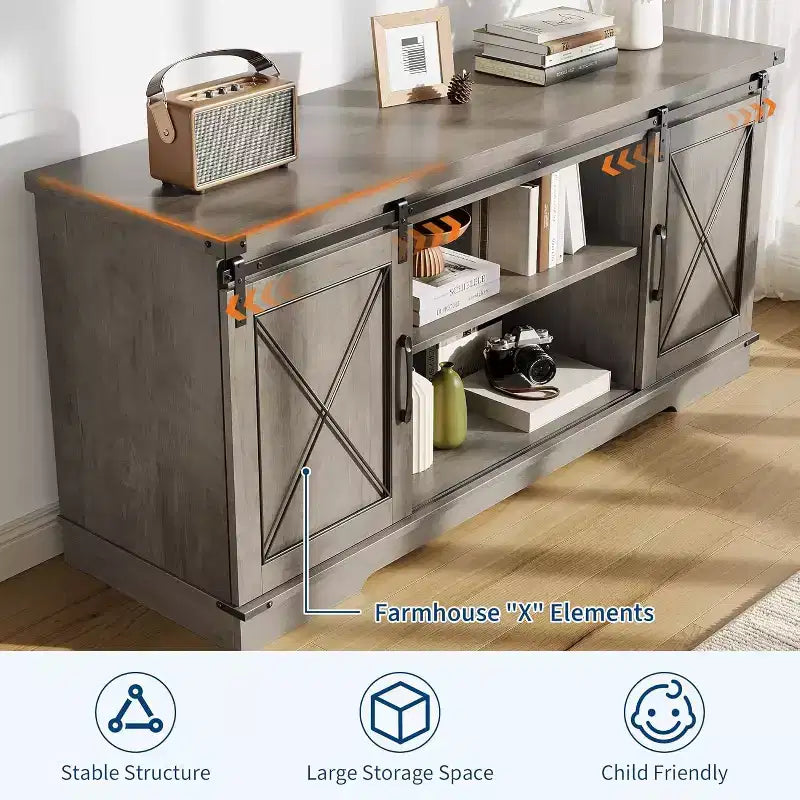 TV-Ständer im Landhausstil für Fernseher bis 65 Zoll, Entertainment-Center mit Schiebetüren im Scheunentor-Stil, verstellbarem Regal und Stauschrank für Wohnzimmer oder Schlafzimmer