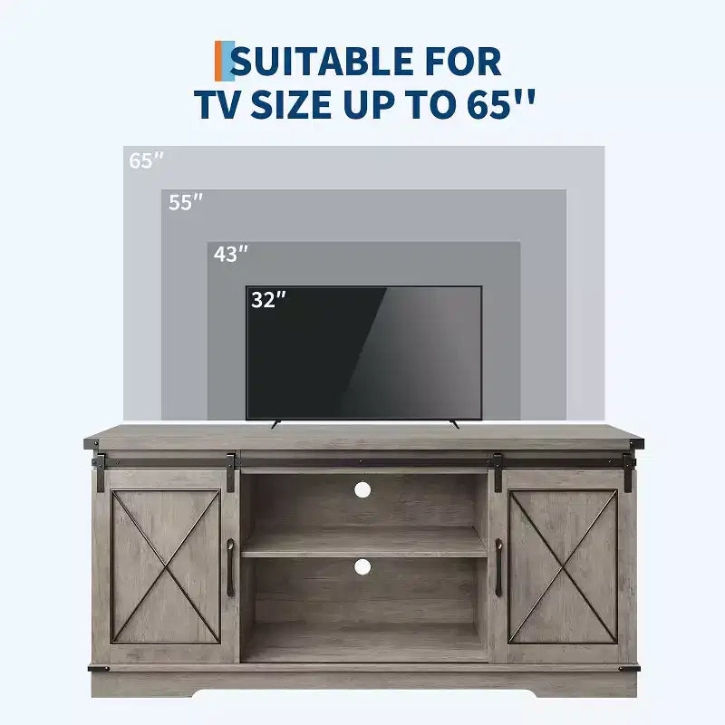 TV-Ständer im Landhausstil für Fernseher bis 65 Zoll, Entertainment-Center mit Schiebetüren im Scheunentor-Stil, verstellbarem Regal und Stauschrank für Wohnzimmer oder Schlafzimmer