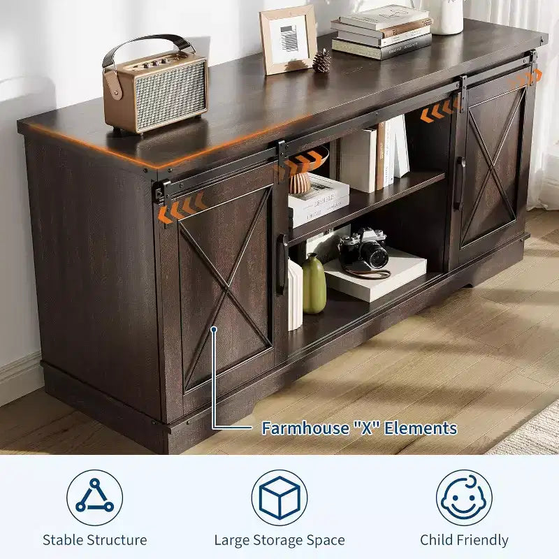 Soporte para televisor estilo granja para televisores de 65, centro de entretenimiento con puertas corredizas tipo granero, estante ajustable y gabinete de almacenamiento para sala o dormitorio