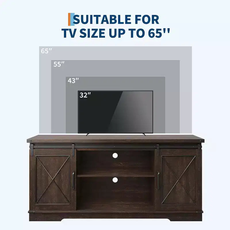 TV-Ständer im Landhausstil für Fernseher bis 65 Zoll, Entertainment-Center mit Schiebetüren im Scheunentor-Stil, verstellbarem Regal und Stauschrank für Wohnzimmer oder Schlafzimmer