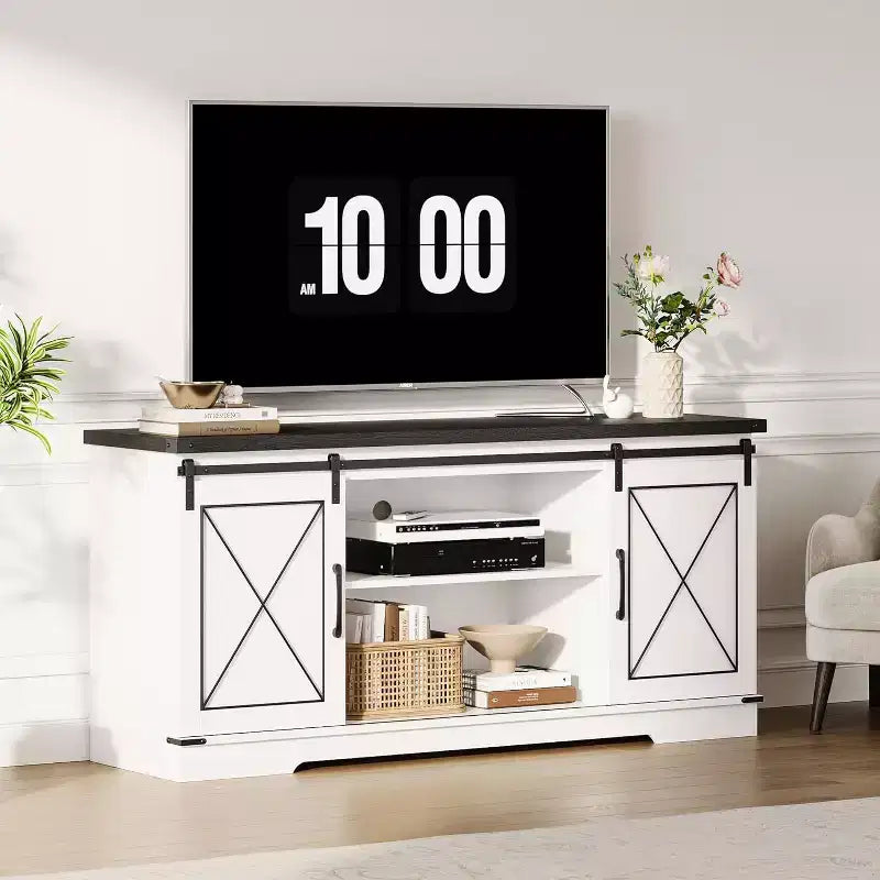 Soporte para televisor estilo granja para televisores de 65, centro de entretenimiento con puertas corredizas tipo granero, estante ajustable y gabinete de almacenamiento para sala o dormitorio