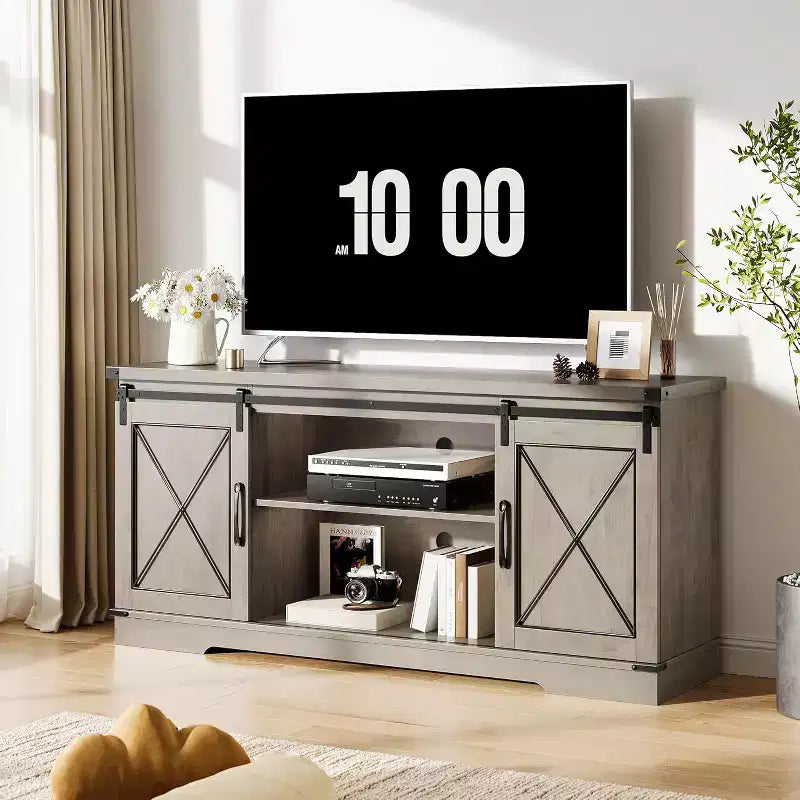 Soporte para televisor estilo granja para televisores de 65, centro de entretenimiento con puertas corredizas tipo granero, estante ajustable y gabinete de almacenamiento para sala o dormitorio