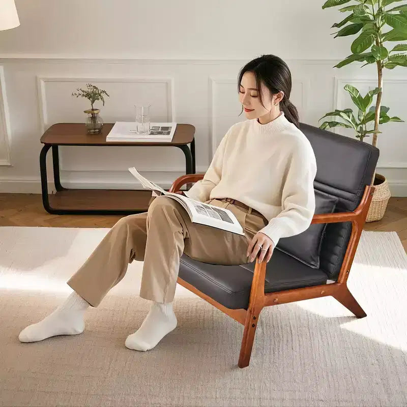 Fauteuil d’appoint moderne du milieu du siècle, fauteuil de salon rembourré avec 1 coussin, cadre en bois massif, noir