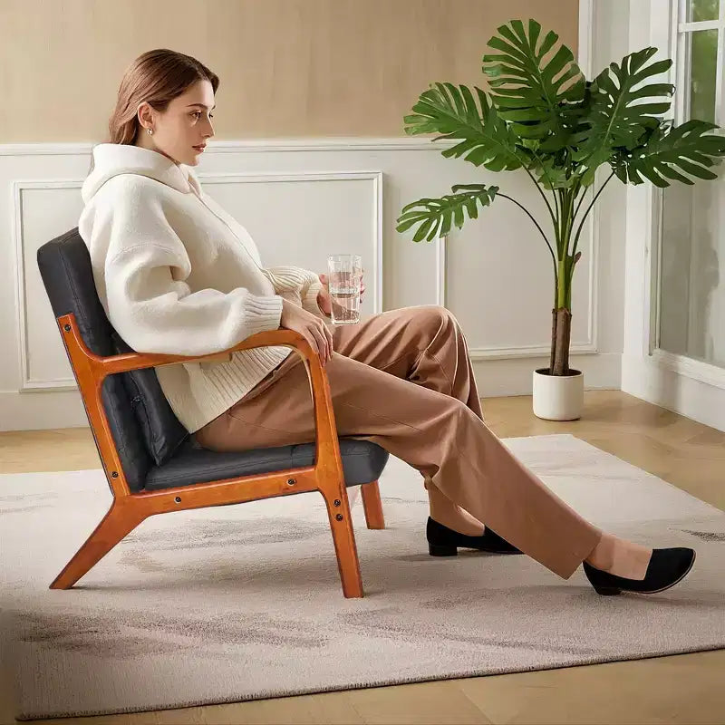 Fauteuil d’appoint moderne du milieu du siècle, fauteuil de salon rembourré avec 1 coussin, cadre en bois massif, noir