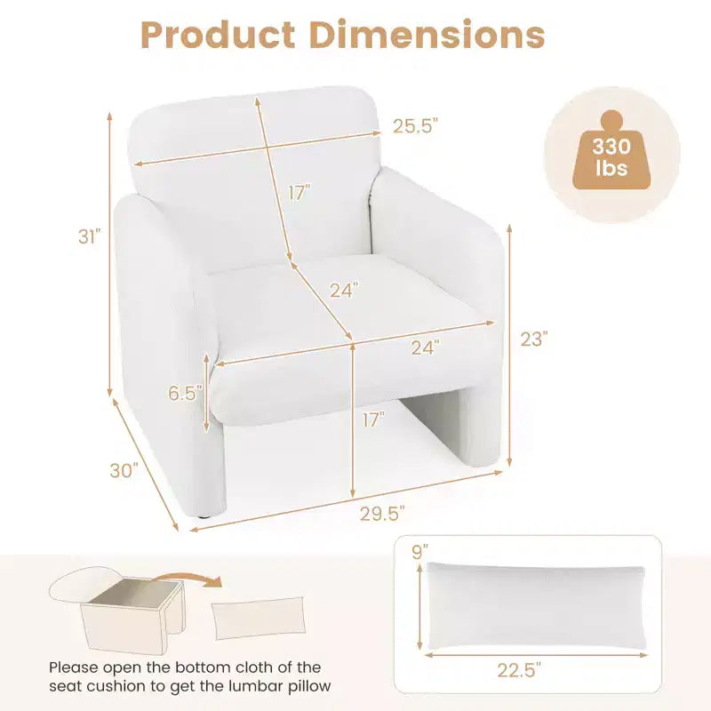 Fauteuil d’appoint en chenille avec coussin lombaire amovible, assise épaisse et dossier