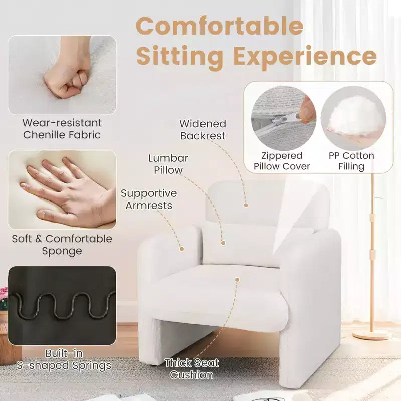Fauteuil d’appoint en chenille avec coussin lombaire amovible, assise épaisse et dossier