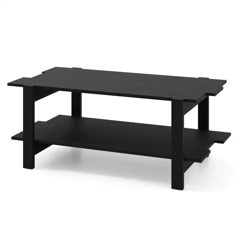 Mesa de centro de 2 niveles, mesa auxiliar irregular con estante abierto, mesa de cóctel nogal/negro/marrón/blanco